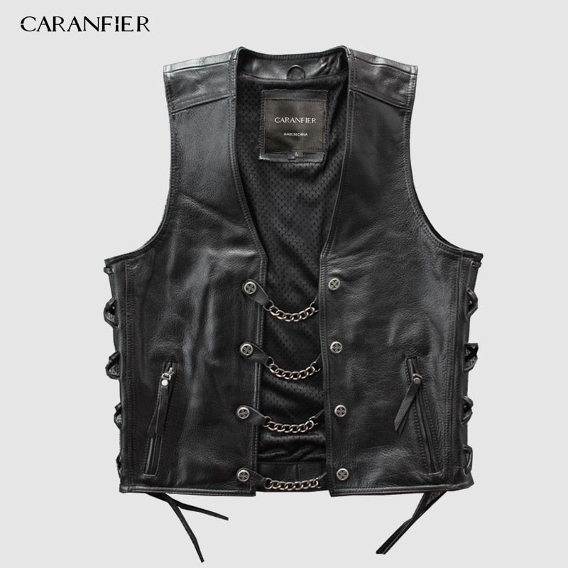CARANFIER Mens Genuine Leather Rock Vests Metal Chain Biker Vest Motorcycle Sleeveless Real Leather Jackets DHL Free Shipping