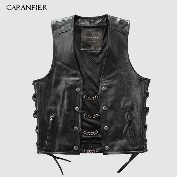 CARANFIER Mens Genuine Leather Rock Vests Metal Chain Biker Vest Motorcycle Sleeveless Real Leather Jackets DHL Free Shipping