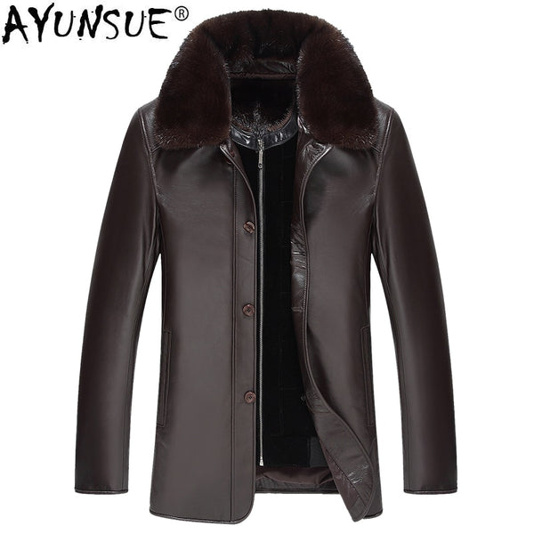 AYUNSUE Winter Genuine Sheepskin Leather Jacket Men Mink Coat Warm Leather Jackets Real Mink Fur Coat Blouson G03-K1225 KJ1350