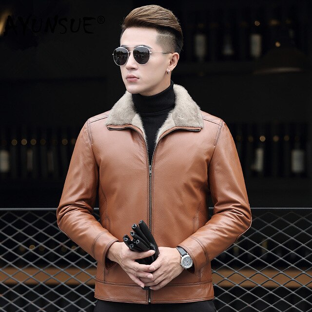 AYUNSUE Genuine Leather Jacket Men Real Mink Fur Liner Winter Sheepskin Coat Mens Mink Jackets Cuero Genuino AD-ZD70903 YY321