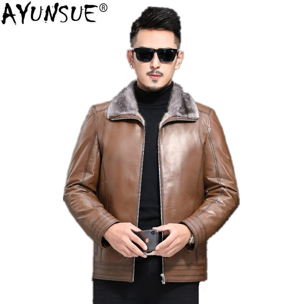 AYUNSUE Genuine Leather Jacket Natural Mink Fur Liner Coat Winter Jacket Men Goatskin Coat Jacket Chaqueta JLK18GT1881 MY1348