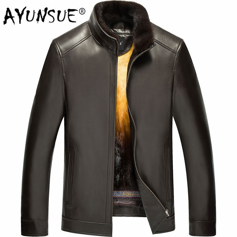 AYUNSUE Genuine Leather Jacket Men Winter Jacket Mens Gold Mink Fur Liner Warm Plus Size Mink Jackets LN-171021 YY326