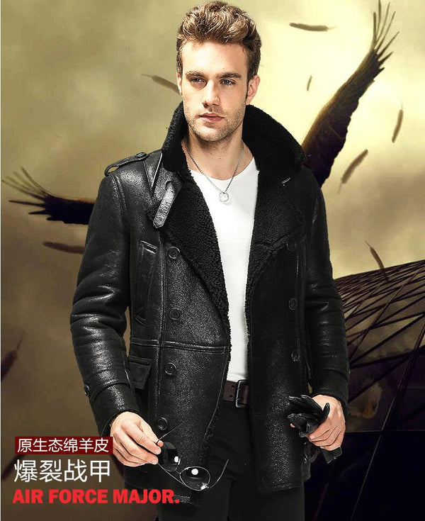 2018 New Men Genuine Leather Jacket men's Fur one sheepskin long coat Air Force leather jackets men Burst skin leather coats