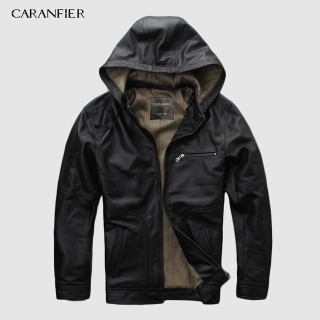 CARANFIER 2019 New Men Black Hooded Cow Genuine Leather Jacket 100% Real Cowhide Casual Winter Russia Coats DHL Free Shipping