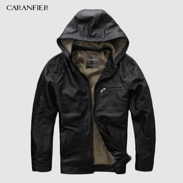 CARANFIER 2019 New Men Black Hooded Cow Genuine Leather Jacket 100% Real Cowhide Casual Winter Russia Coats DHL Free Shipping