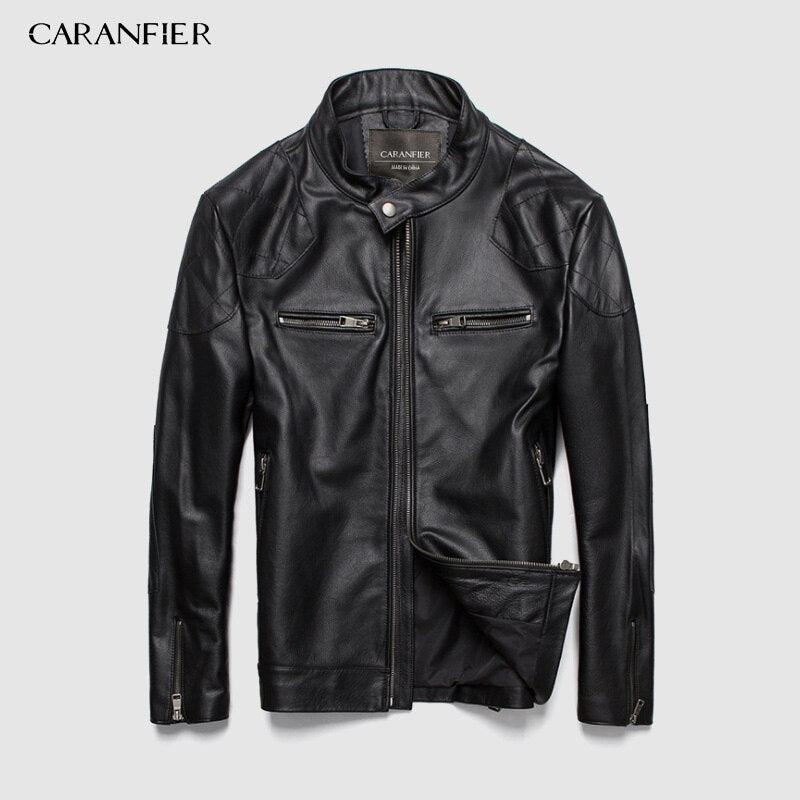CARANFIER Fashion Leather Motorcycle Coat Male Genuine Leather Sheepskin Clothing Short Design Real Leather Jackets Overcoats
