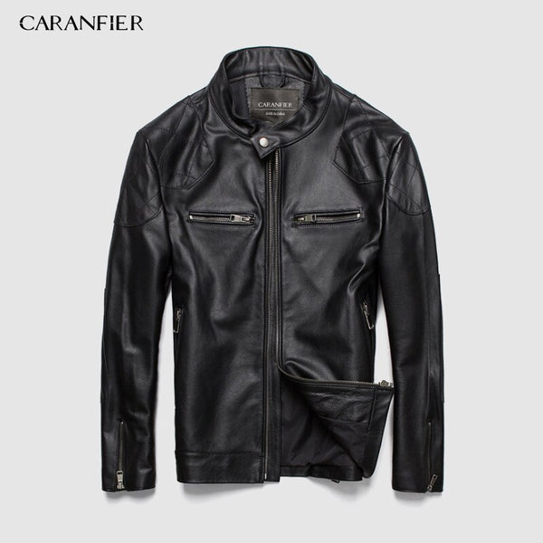 CARANFIER Fashion Leather Motorcycle Coat Male Genuine Leather Sheepskin Clothing Short Design Real Leather Jackets Overcoats