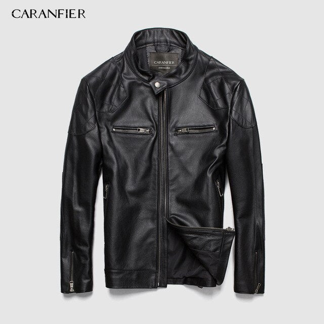 CARANFIER Fashion Leather Motorcycle Coat Male Genuine Leather Sheepskin Clothing Short Design Real Leather Jackets Overcoats