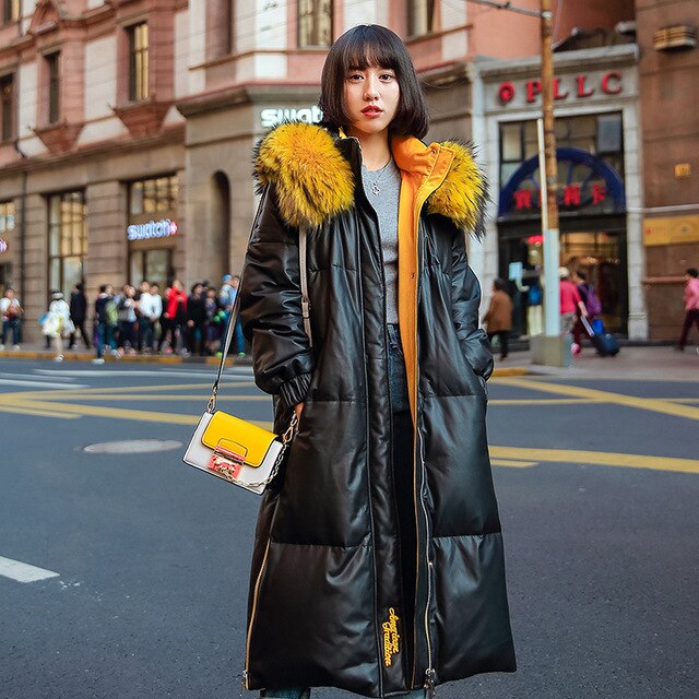 Women Winter Leather Jacket Fur Collar Hooded Thick Warm Down Cotton Parka High Quality Sheep Leather Loose Coat outwear Km042