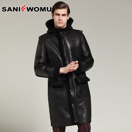 2019 Thicken Long Shearling Sheepskin Coat Men Winter Warm Sheep Leather Jacket Genuine Leather Brown Hooded Real Fur Clothing