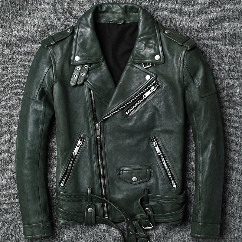 High Quality Turn-Down Collar Sheepskin Motorcycle Genuine Leather Jacket Mens Slim Adjustable Waist Sequined Real Leather Coat