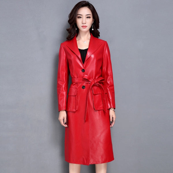 New Women's Genuine Leather Trench Female Spring And Autumn Long Sheepskin Windbreaker Female Coat Dust Coat Leather Jacket