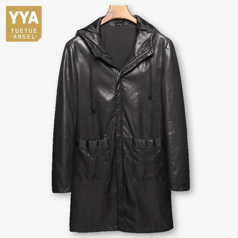 Fashion Spring Autumn Male Sheepskin Medium Length Trench Coats Hooded Pockets Slim Fit Mens Genuine Leather Jackets Plus Size