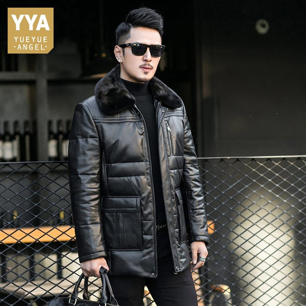 Winter Mens Real Mink Fur Collar Down Jacket Business Work Warm Sheepskin Genuine Leather Jacket Coats Plus Size 5XL Overcoat