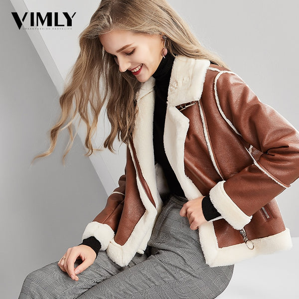 Vimly Women Winter Thick Motorcycle Leather Jackets Female Casual Cony Hair Pu Outwear Warm Stylish High Street Jacket Coat