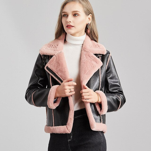 Vimly Women Winter Thick Motorcycle Leather Jackets Female Casual Cony Hair Pu Outwear Warm Stylish High Street Jacket Coat