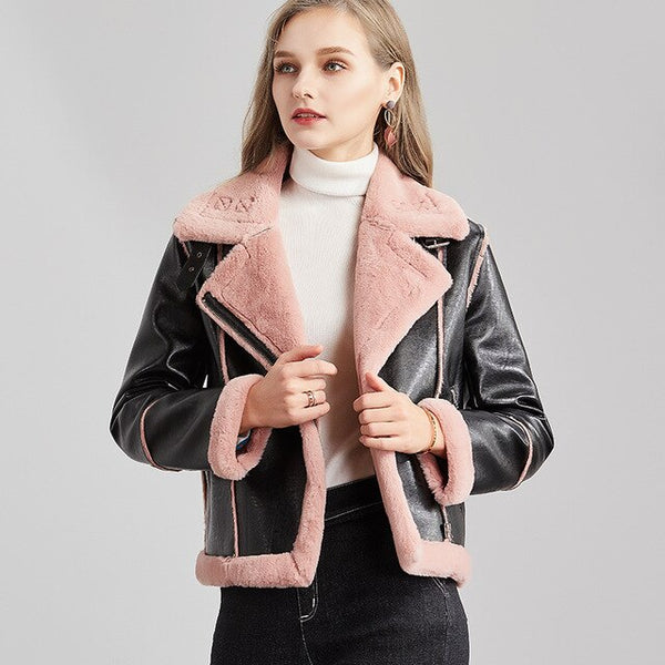 Vimly Women Winter Thick Motorcycle Leather Jackets Female Casual Cony Hair Pu Outwear Warm Stylish High Street Jacket Coat