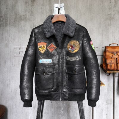 Men's Fur Jacket Short Leather Jacket Mans B3 Bomber Jacket Shearling Sheepskin Aviator Fur Coat Lambs Outerwear Flight Jacket