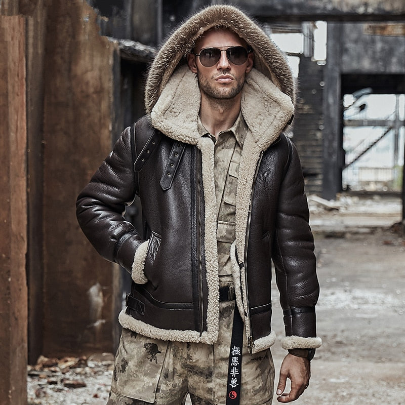New Genuine Leather Jacket Men Raccoon Fur Hooded Fur One Men's Short Locomotive Fur Winter Leather Coat Sheepskin Jacket
