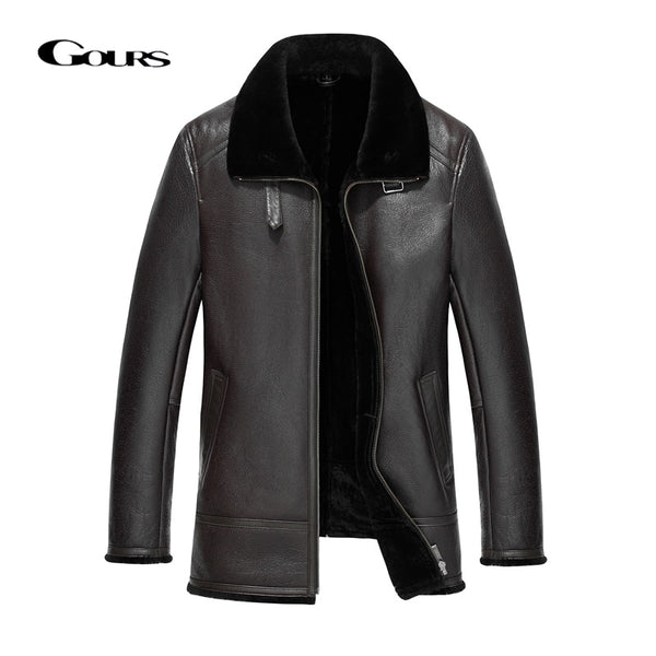Gours Winter Genuine Leather Jackets Men Casual Black Real Sheepskin Long Shearling Coat with Natural Wool Lining Warm GSJF1850R