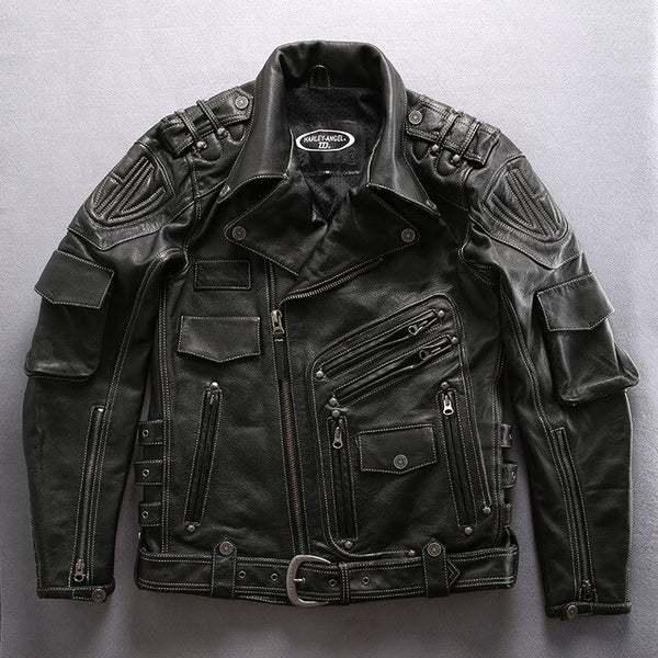 ANGEL Male Motorcycle Leather Jackets thick cowhide Winter Coats S-4XL