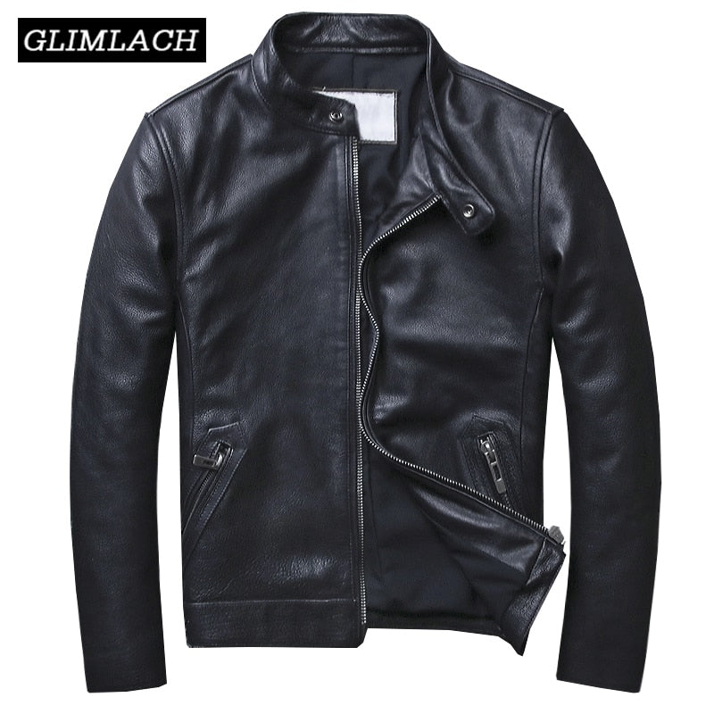 Plus Size 5XL Casual Leather Jacket Men Stand Collar Black 100% Cowhide Jackets Male High Quality Mens Genuine Leather Jacket