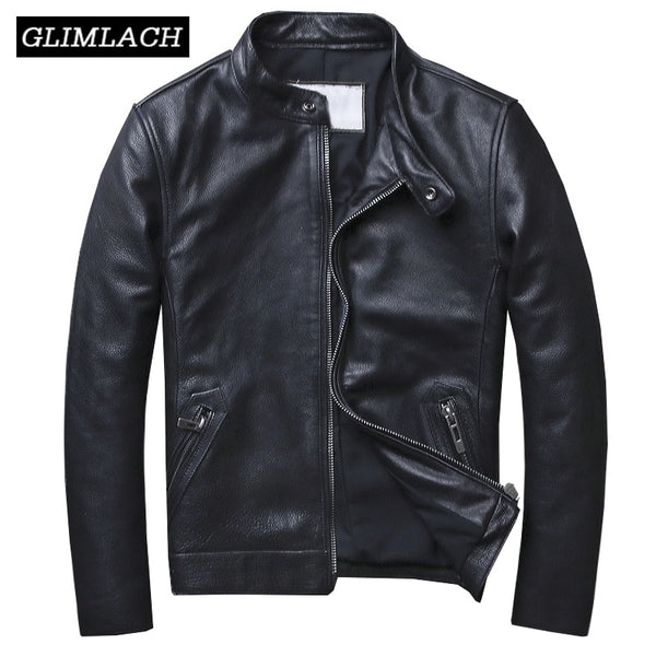 Plus Size 5XL Casual Leather Jacket Men Stand Collar Black 100% Cowhide Jackets Male High Quality Mens Genuine Leather Jacket