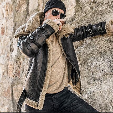 Men Winter Thicker Fur one Leather Coat Men's Double Collar Sheepskin Leather Jacket High-end Locomotive Fur male air force suit