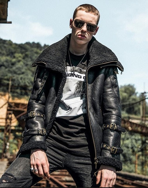 Men Winter Thicker Fur one Leather Coat Men's Double Collar Sheepskin Leather Jacket High-end Locomotive Fur male air force suit