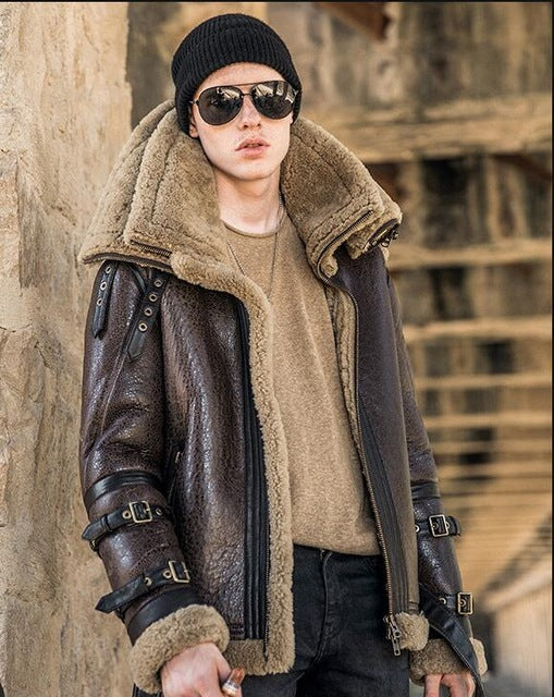 Men Winter Thicker Fur one Leather Coat Men's Double Collar Sheepskin Leather Jacket High-end Locomotive Fur male air force suit