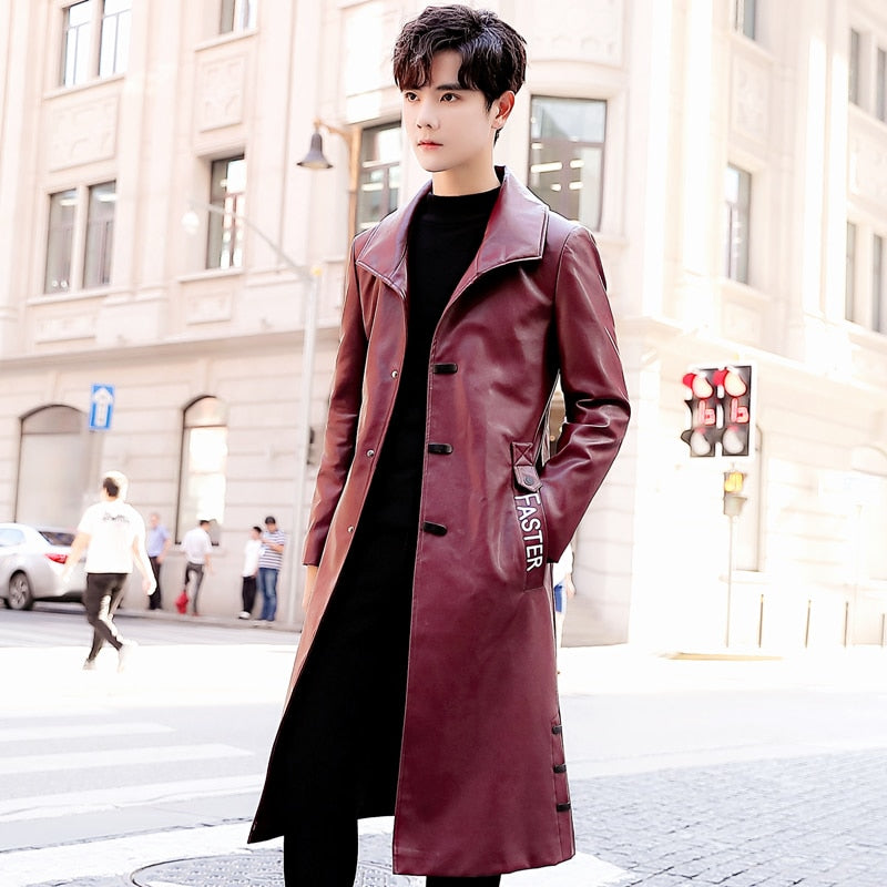 Leather jacket, long men's jacket, leather windbreaker jacket, windbreaker