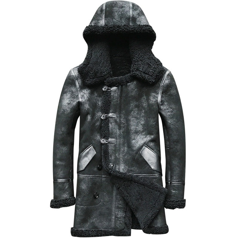 New naturall Fur one Medium Long Hooded Leather Fur Coat Vintage Mens Leather Jackets Sheepskin Genuine Leather Jacket Men