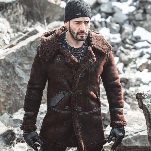 New naturall Fur one Medium Long Hooded Leather Fur Coat Vintage Mens Leather Jackets Sheepskin Genuine Leather Jacket Men