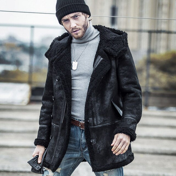 New naturall Fur one Medium Long Hooded Leather Fur Coat Vintage Mens Leather Jackets Sheepskin Genuine Leather Jacket Men