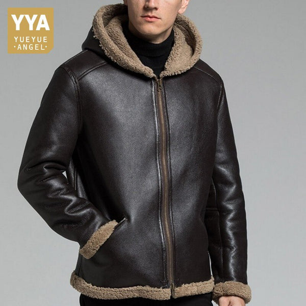 Original Sheepskin Leather Hooded Coat Men Luxury Winter Motorcycle Genuine Leather Jacket Real Fur Jacket Outerwear Plus Size