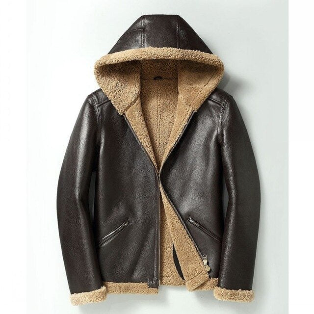 Original Sheepskin Leather Hooded Coat Men Luxury Winter Motorcycle Genuine Leather Jacket Real Fur Jacket Outerwear Plus Size