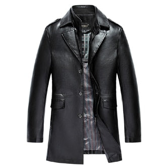 Winter Men pu Leather Long Jackets Business Casual Turn-Collar Thick Outwear Jackets and Coats Chaqueta Cuero Hombre