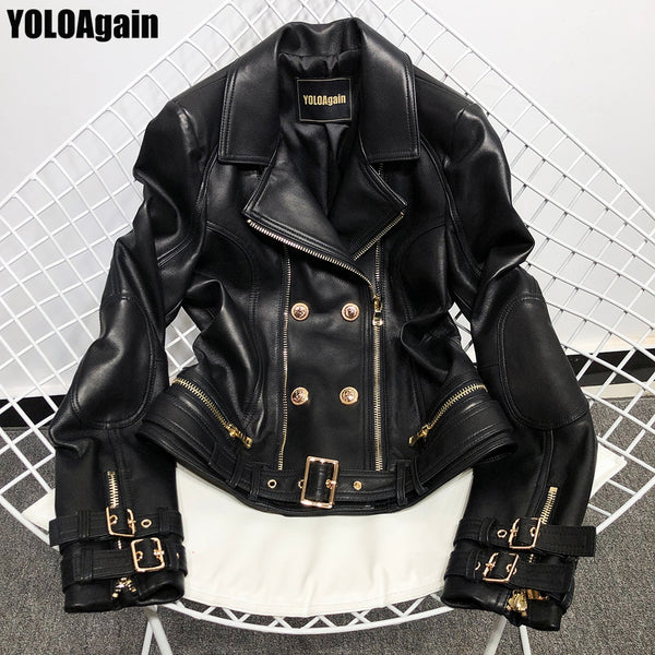 YOLOAgain high quality women genuine leather jacket ladies double breasted real sheepskin leather jacket
