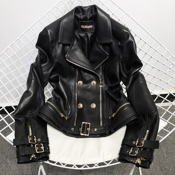 YOLOAgain high quality women genuine leather jacket ladies double breasted real sheepskin leather jacket