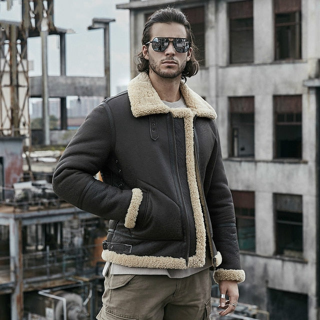 2019 New Men's B3 Shearling Jacket Thicken Sheepskin Coat Winter Fur Coat Mens Genuine Leather Jacket Motorcycle Jacket Men
