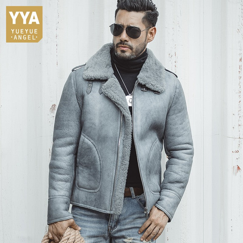 Luxury Mens 100% Natural Shearling Overcoat Genuine Leather Jacket Thick Warm Sheepskin Real Fur Lining Coat Slim Fit Jackets
