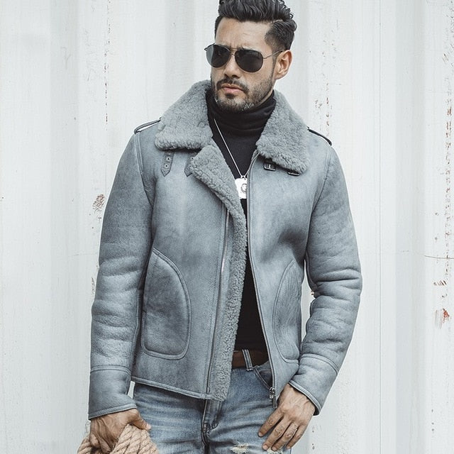 Luxury Mens 100% Natural Shearling Overcoat Genuine Leather Jacket Thick Warm Sheepskin Real Fur Lining Coat Slim Fit Jackets