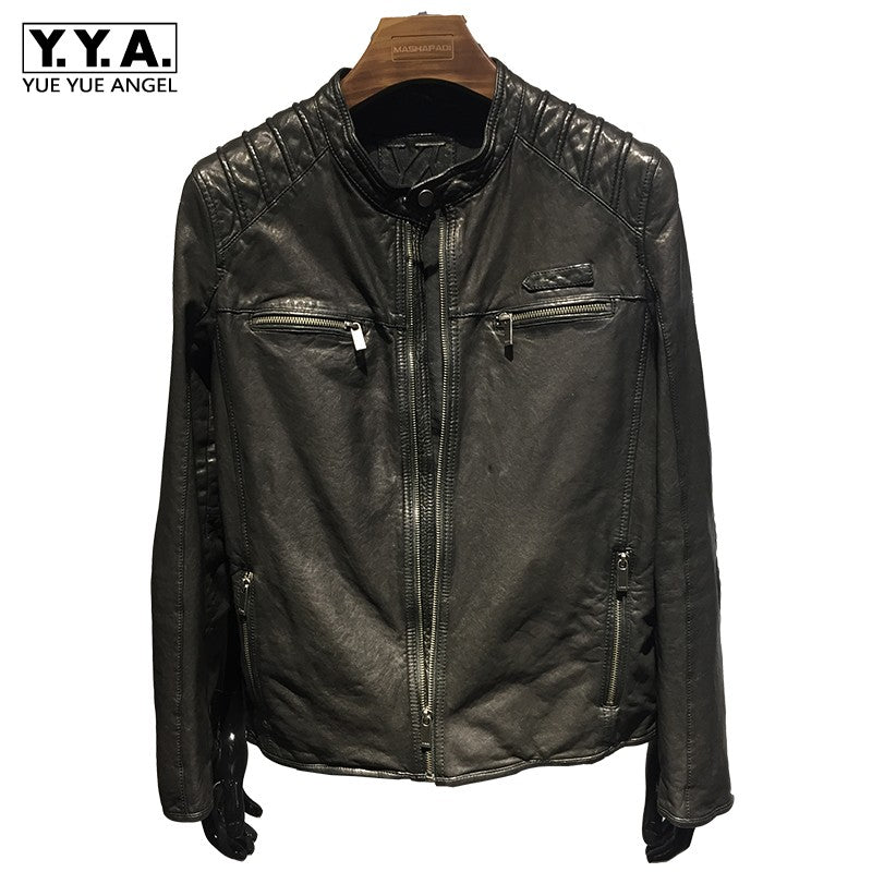 New Sheepskin Motorcycle Genuine Leather Jacket Mens Stand Collar Moto Biker Jacket Zipper Black Short Real Leather Coat