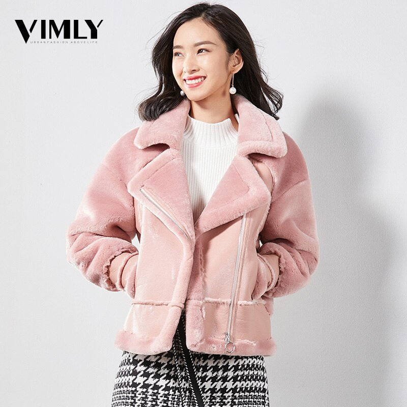 Vimly Women Winter Motorcycle PU Velvet Patchwork Jacket Coat Female Zipper Cool Style Leather Basic Jackets Stylish Street Wear