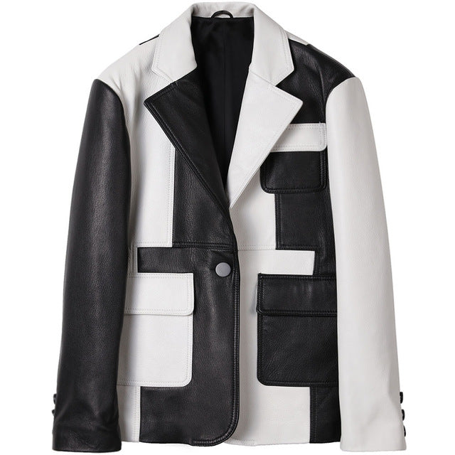 YOLOAgain women genunie leather jacket office lady pathchwork real sheepskin leather blazer
