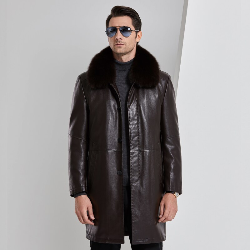 New Winter Thicken Leather Jacket Men fox Fur Collar Leather Jackets and Coats Casual Long Windproof Jacket Male