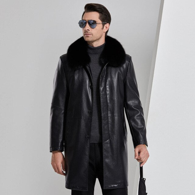 New Winter Thicken Leather Jacket Men fox Fur Collar Leather Jackets and Coats Casual Long Windproof Jacket Male