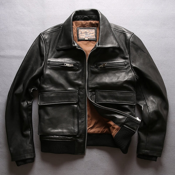 AVIREXFLY 2018 New Men Genuine Cow Riding Leather Jacket Fashion Multi-pocket Cowhide A2 Pilot Jackets Winter Russia Coats
