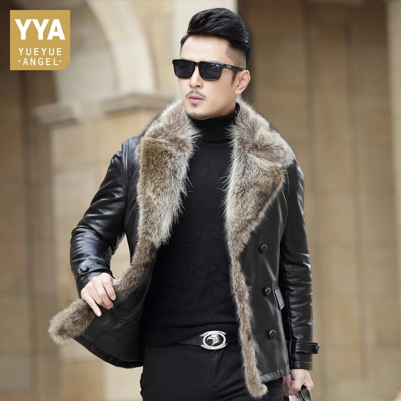 Genuine Leather Jacket Men Casual Turn-down Collar Office Short Coats Male Raccoon Dog Fur Collar Winter Warm Outwear Plus Size
