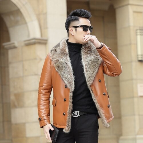 Genuine Leather Jacket Men Casual Turn-down Collar Office Short Coats Male Raccoon Dog Fur Collar Winter Warm Outwear Plus Size